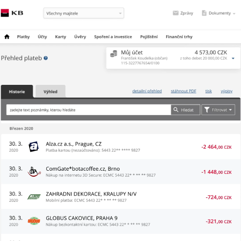 Vyhledávání plateb v internetovém bankovnictví MojeBanka