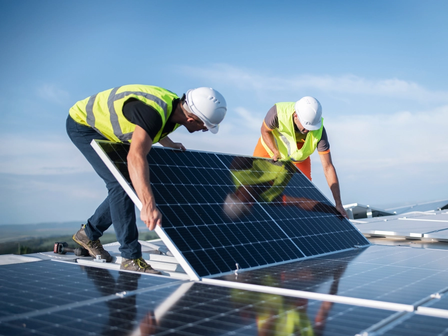 Muži instalující fotovoltaické panely na střechu