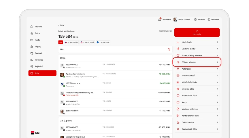 Obrazovka z internetového bankovnictví - zvolení položky "Příkazy k inkasu"