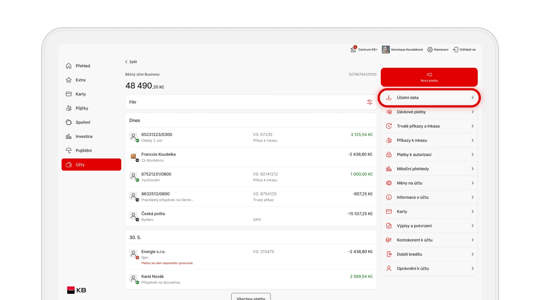 Obrazovka z internetového bankovnictví KB+