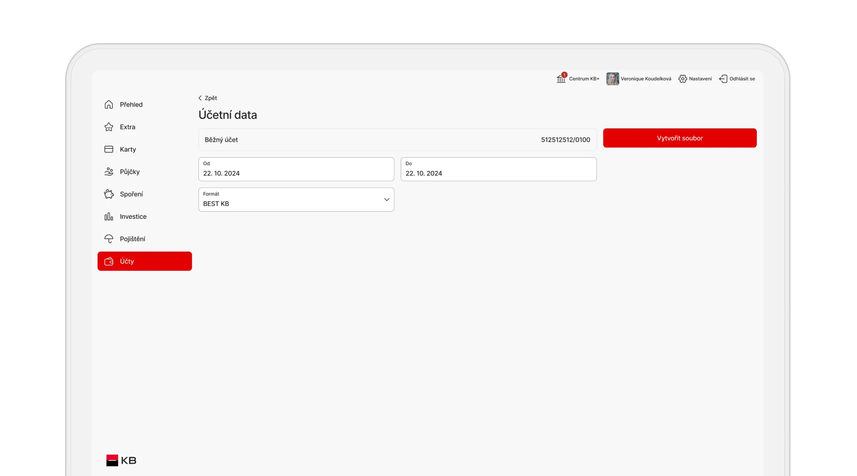 Obrazovka z internetového bankovnictví KB+