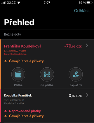 Neprovedená platba Mobilní banka