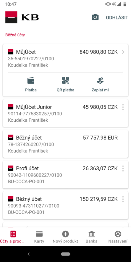 Screen mobilního bankovnictví