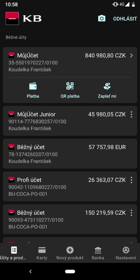Screen mobilního bankovnictví v tmavém režimu